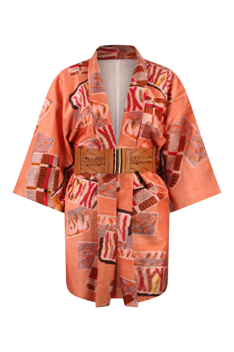 tangerine ikat weave silk kimono jacket with leather belt