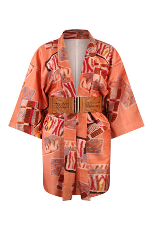 tangerine ikat weave silk kimono jacket with leather belt