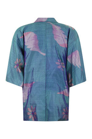 One of a kind gender fluid blue silk kimono jacket