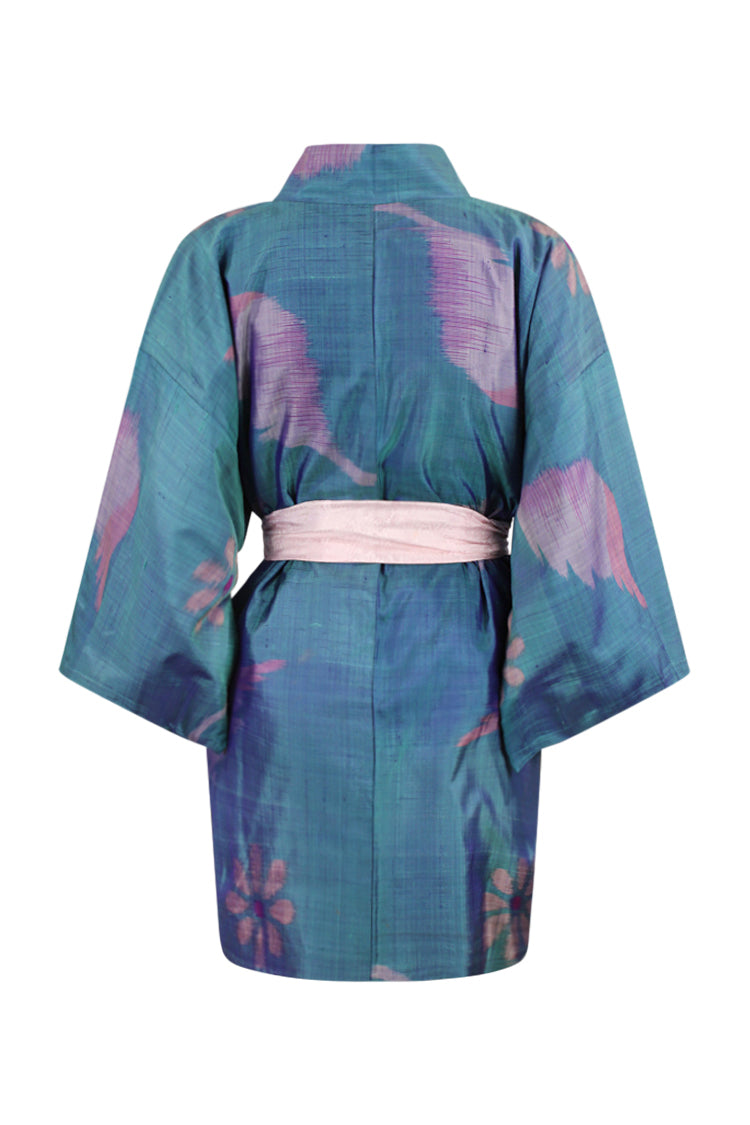 blue silk luxury kimono jacket with refashioned reduced sleeves