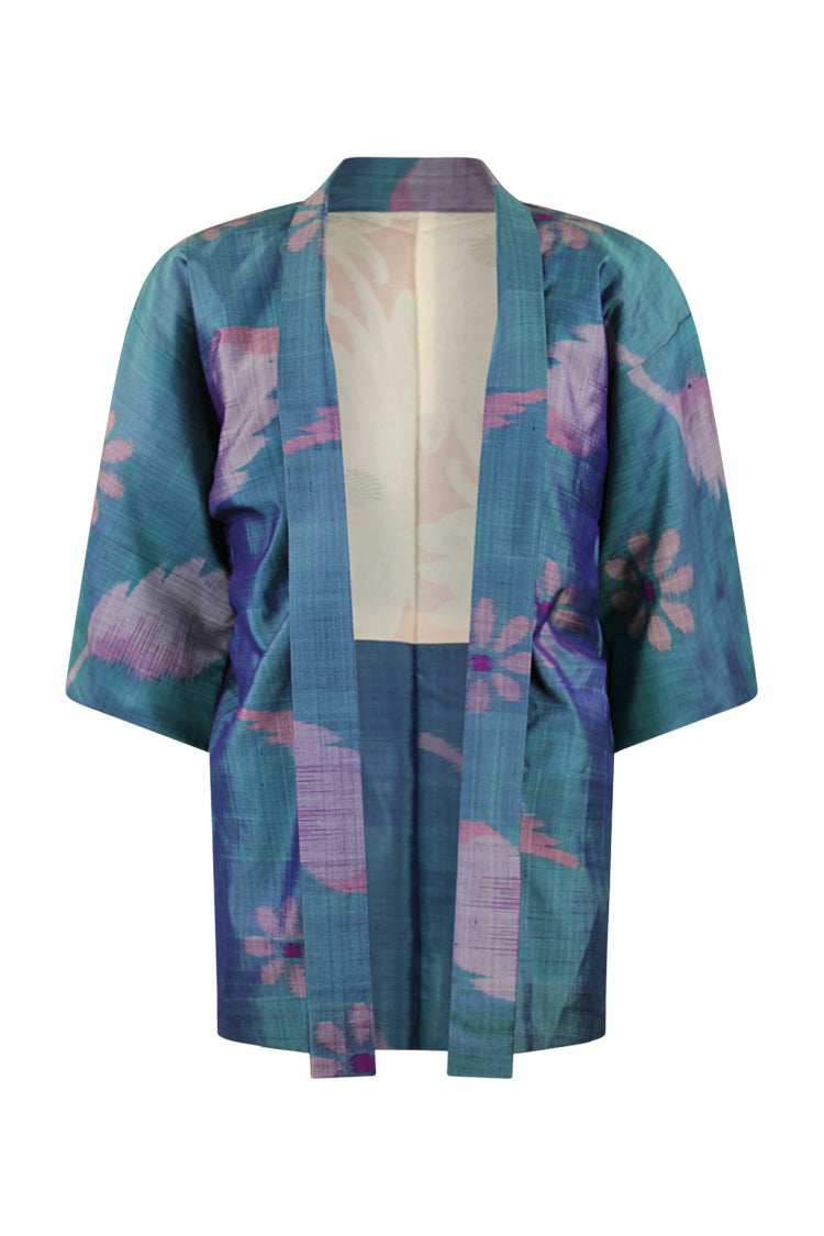 slate blue ikat weave silk kimono cardigan with pink floral design