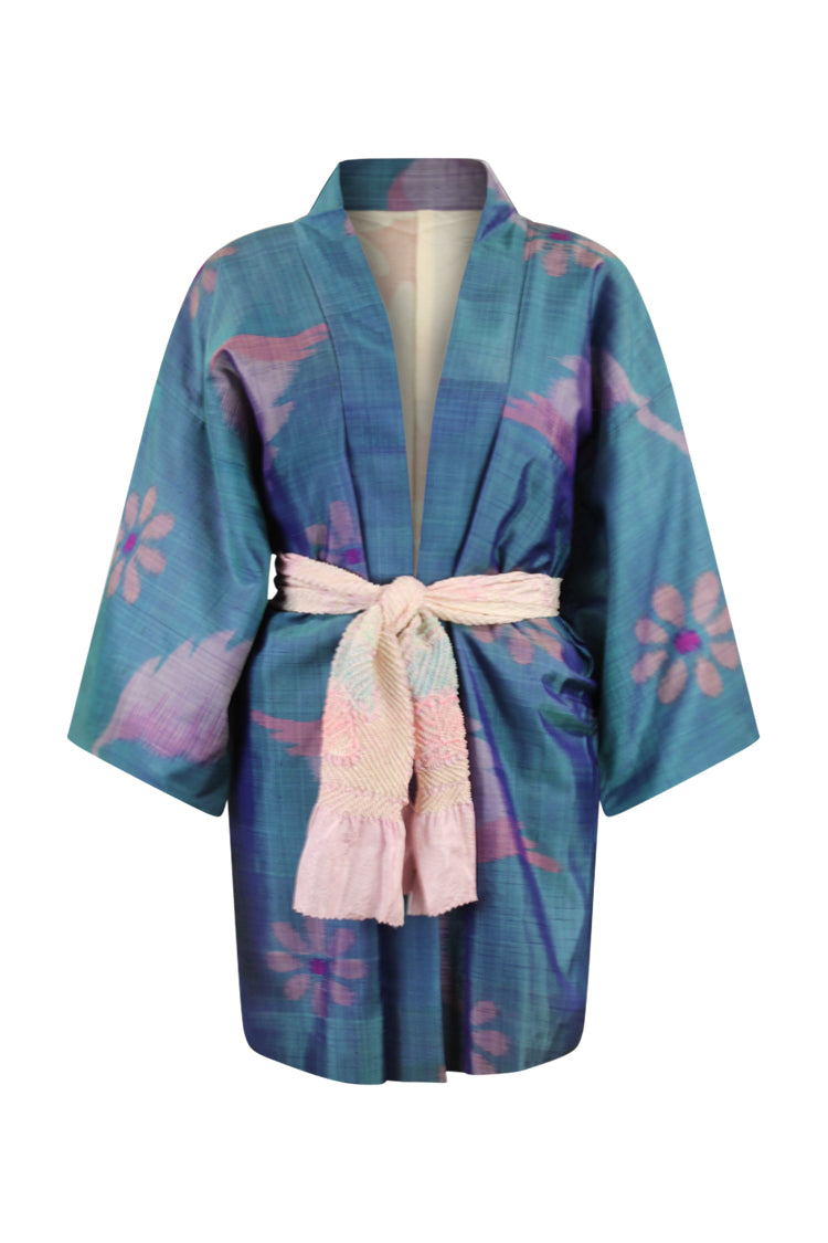 slate blue ikat weave silk kimono cardigan with pink floral design