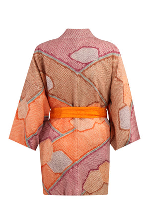 Mauve, orange and pink hand knotted vintage silk kimono coat with orange sash