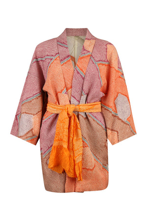 unique silk kimono coat in orange and mauve that is wearable art