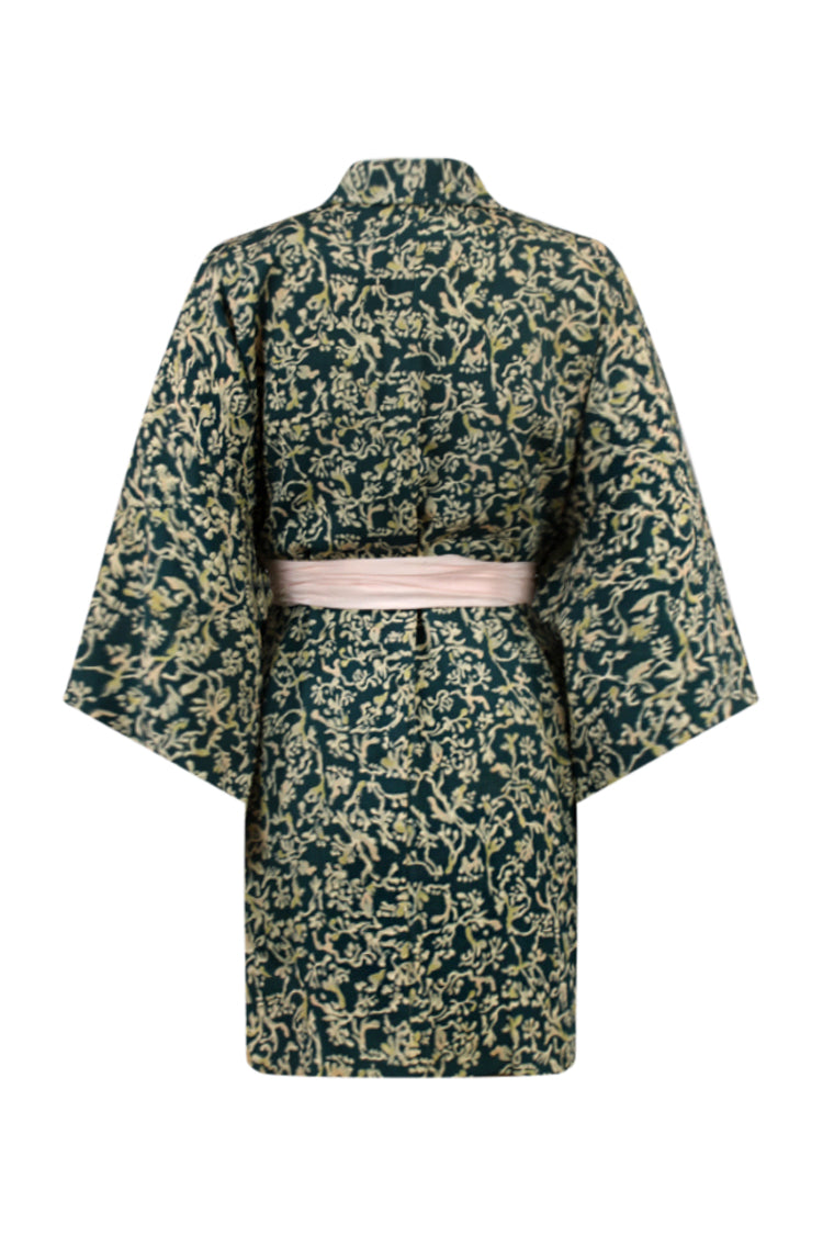 long refashioned vintage silk kimono coat in blues and greens on small model