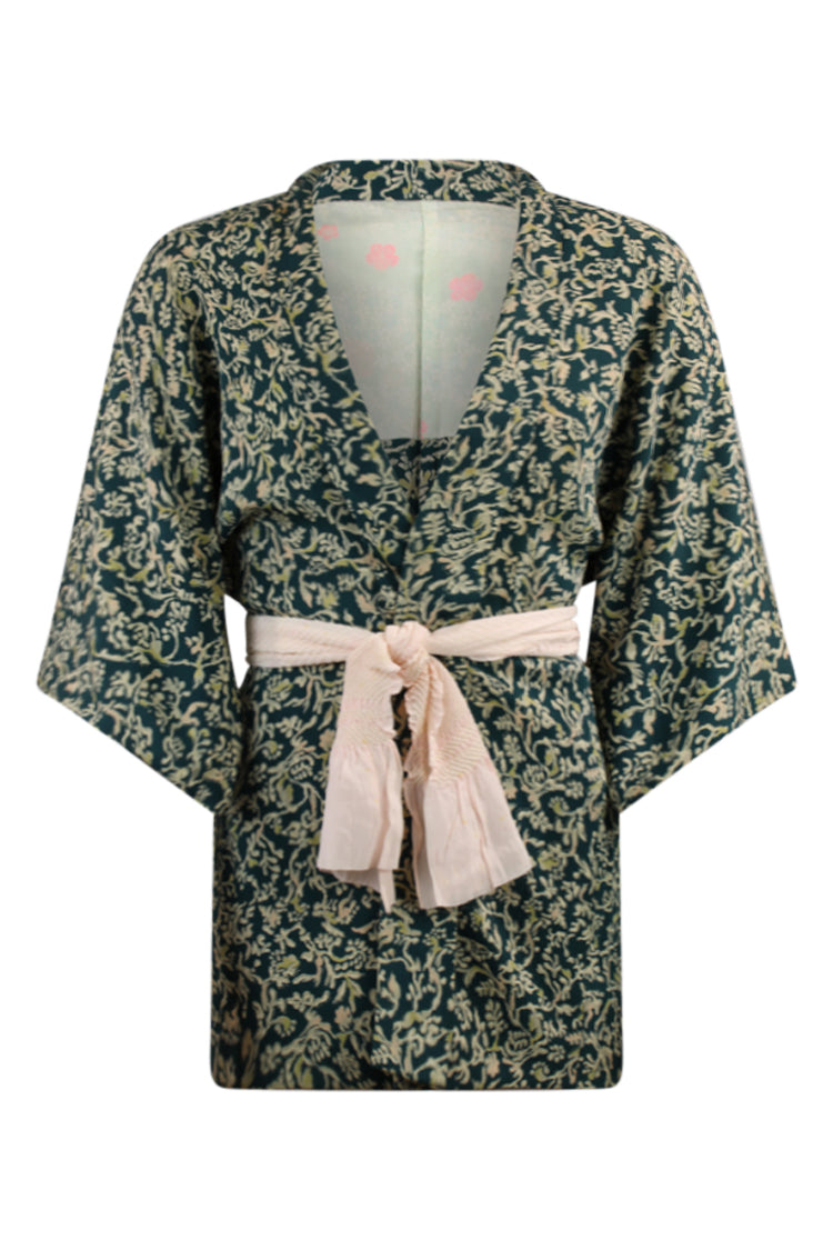 blue and green sashed kimono jacket with pink silk sash