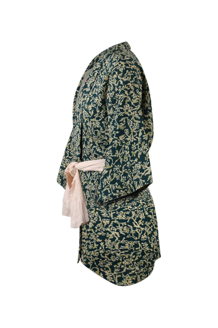 side view of refashioned blue and green silk kimono coat with modernized sleeves