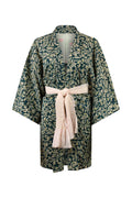 long refashioned vintage silk kimono coat in blues and greens on small model
