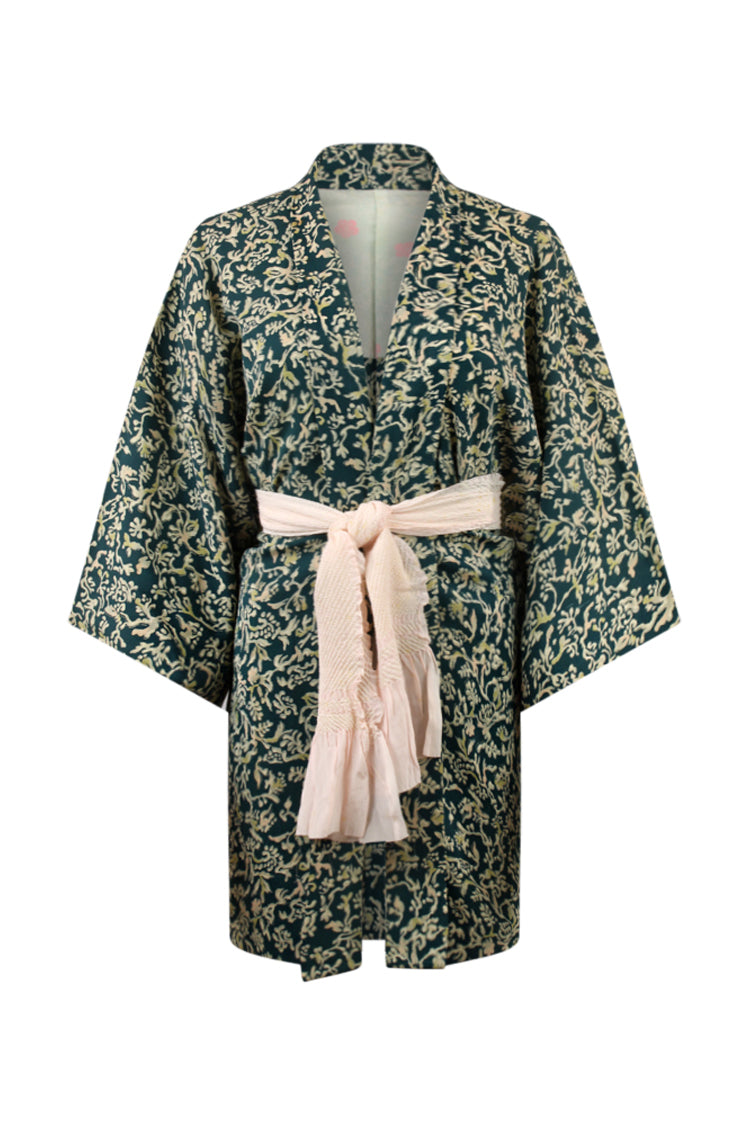 long refashioned vintage silk kimono coat in blues and greens on small model