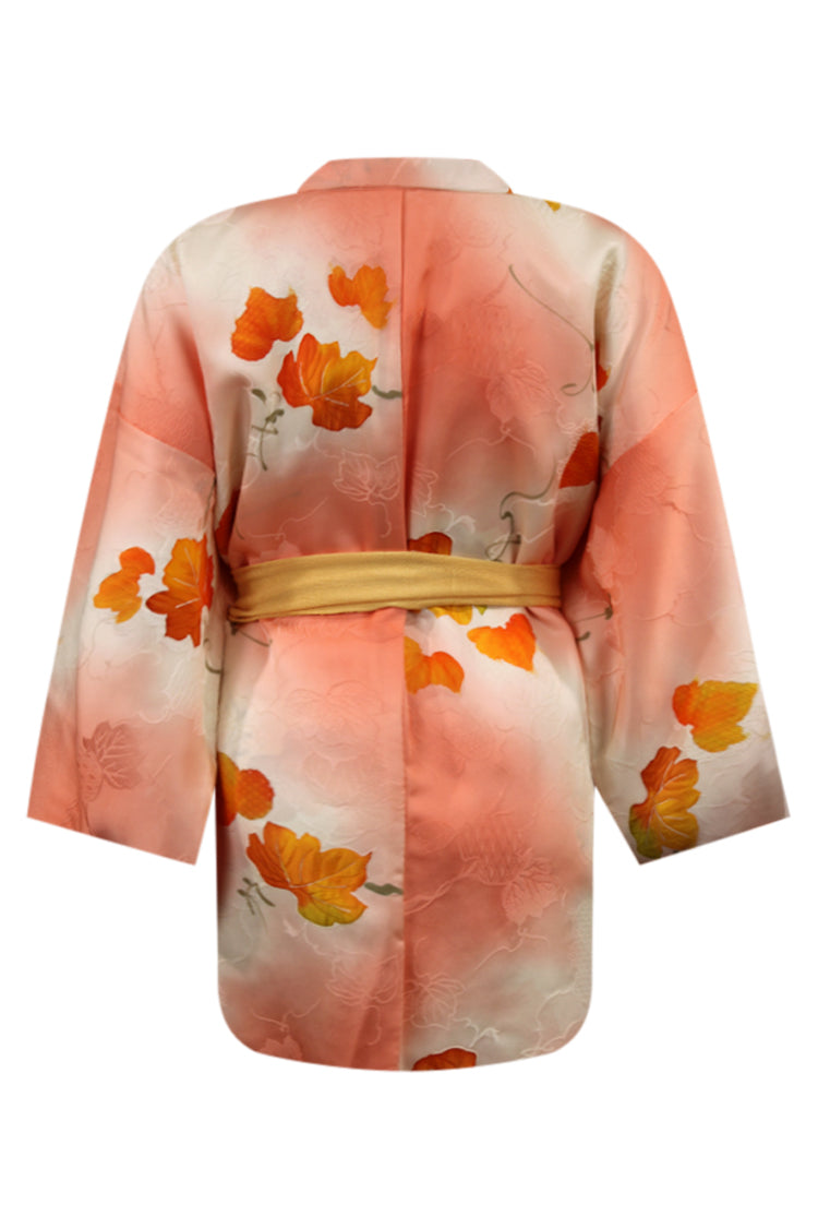 Hand painted orange maple leaves on the back of a vintage silk kimono jacket with refashioned sleeves