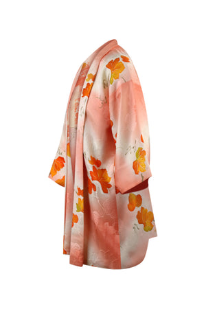 side view of hand paointed vintage silk kimono jacket showing modernized reduced sleeves