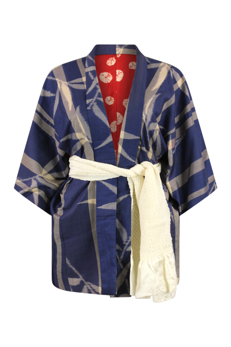 blue ikat silk vintage kimono cardigan with red lining