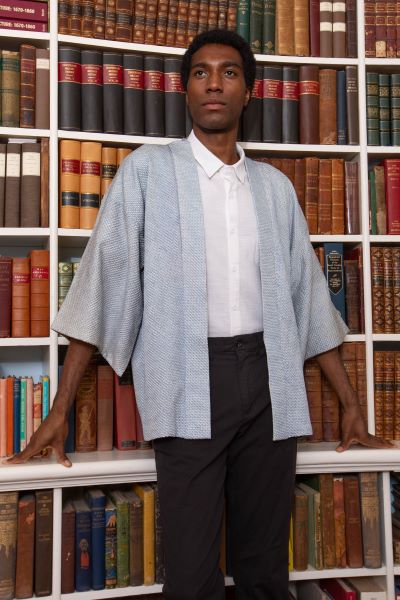 Man in unisex vintage kimono jacket in light blue gray with updated refashioned sleeves