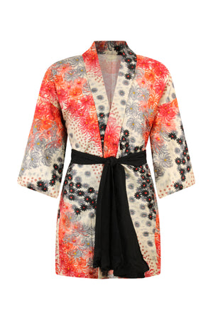 red and black refashioned kimono coat with woven floral design