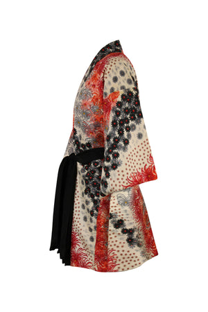 shortened sleeves of refashioned vintage kimono  coat with bold floral design