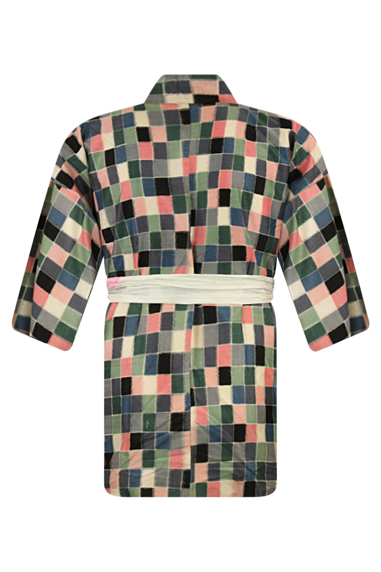 back view of upcycled colorful silk kimono jacket