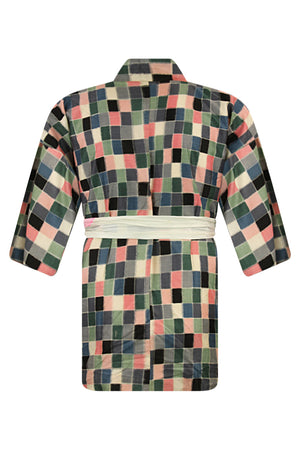 back view of upcycled colorful silk kimono jacket