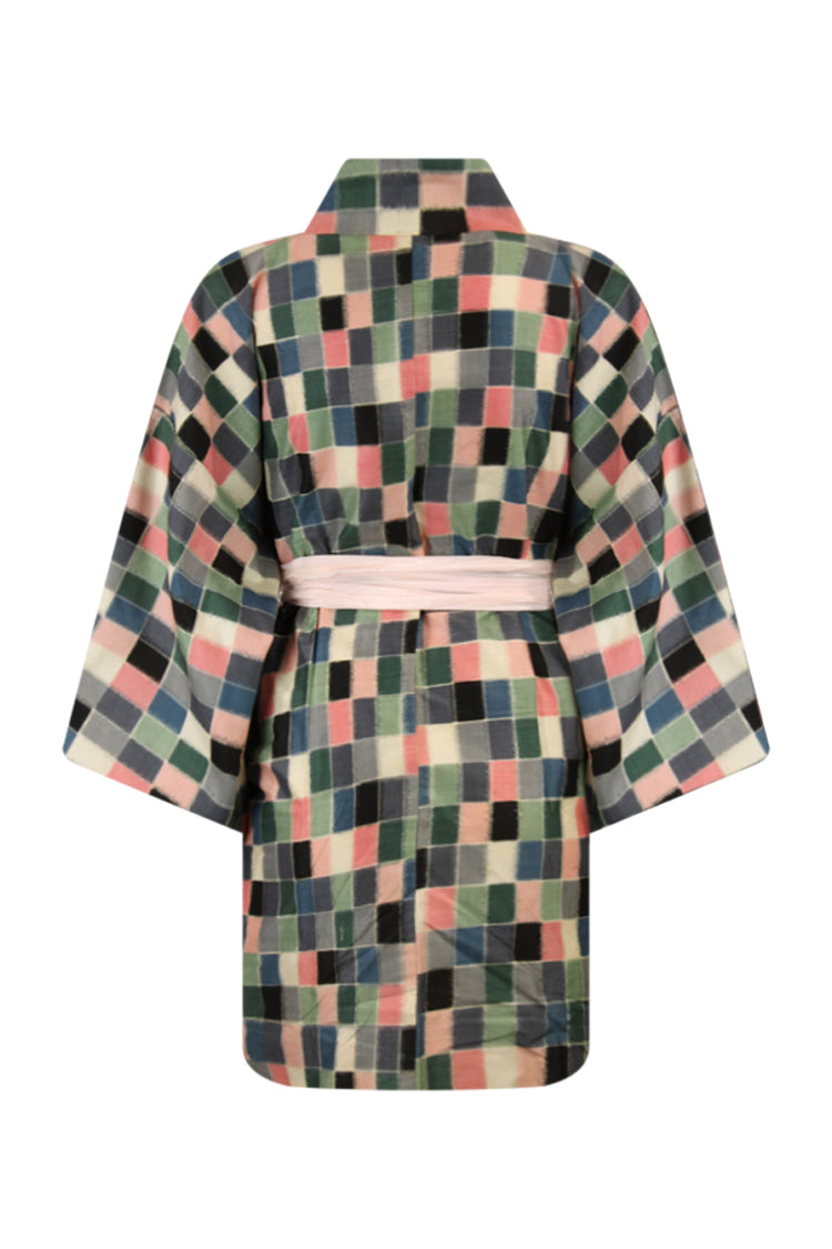 Refashioned silk kimono jacket in checkered pattern