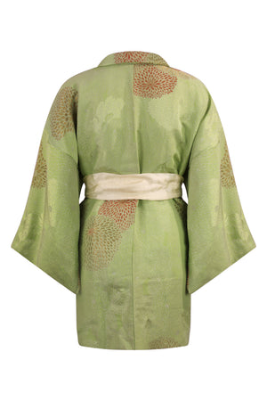 back view of refashioned lime green silk kimono jacket with modern sleeves