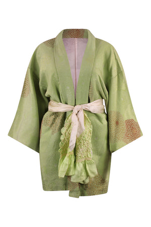 lime green silk vintage kimono coat tied with sash