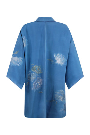 wearable art blue silk kimono coat with design woven in silver