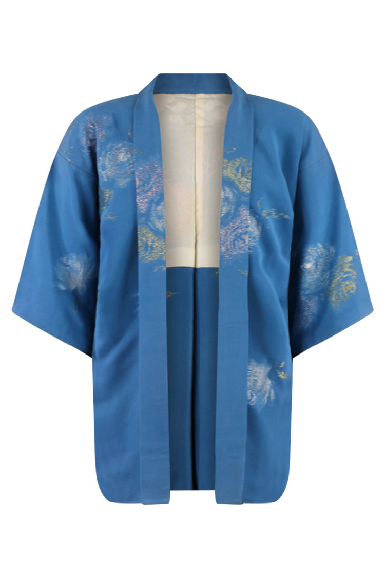 One size fits all blue silk kimono coat on large model
