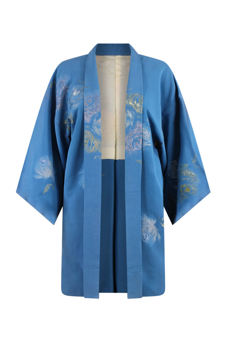 Baby blue silk kimono jacket with metalic woven roses