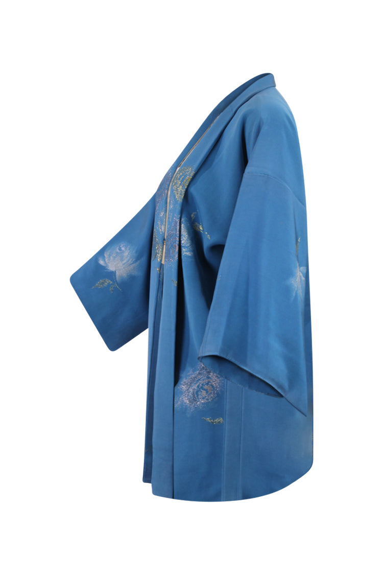 side view of upcycled blue kimono coat with reduced sleeves
