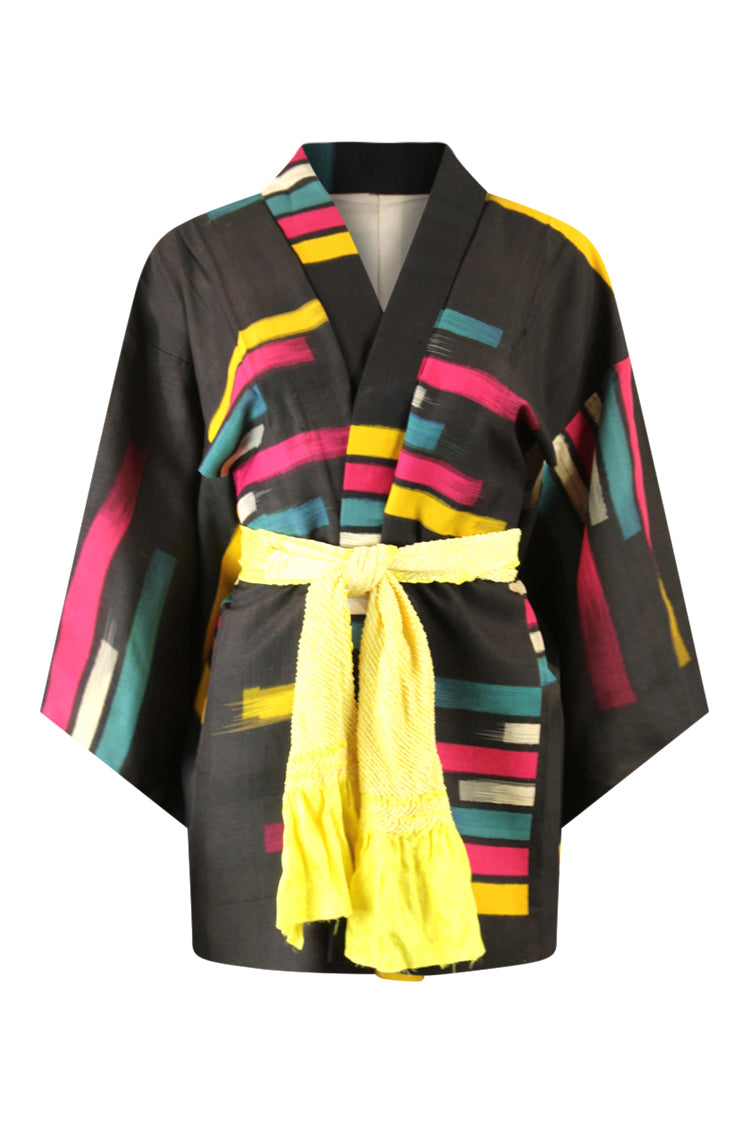 black silk vintage kimono jacket with colorful stripes