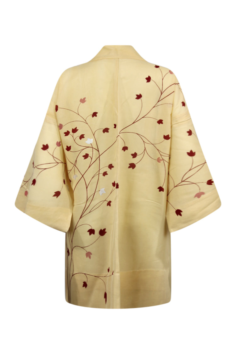 Cream summer silk kimono jacket with red flowers - Kiku 