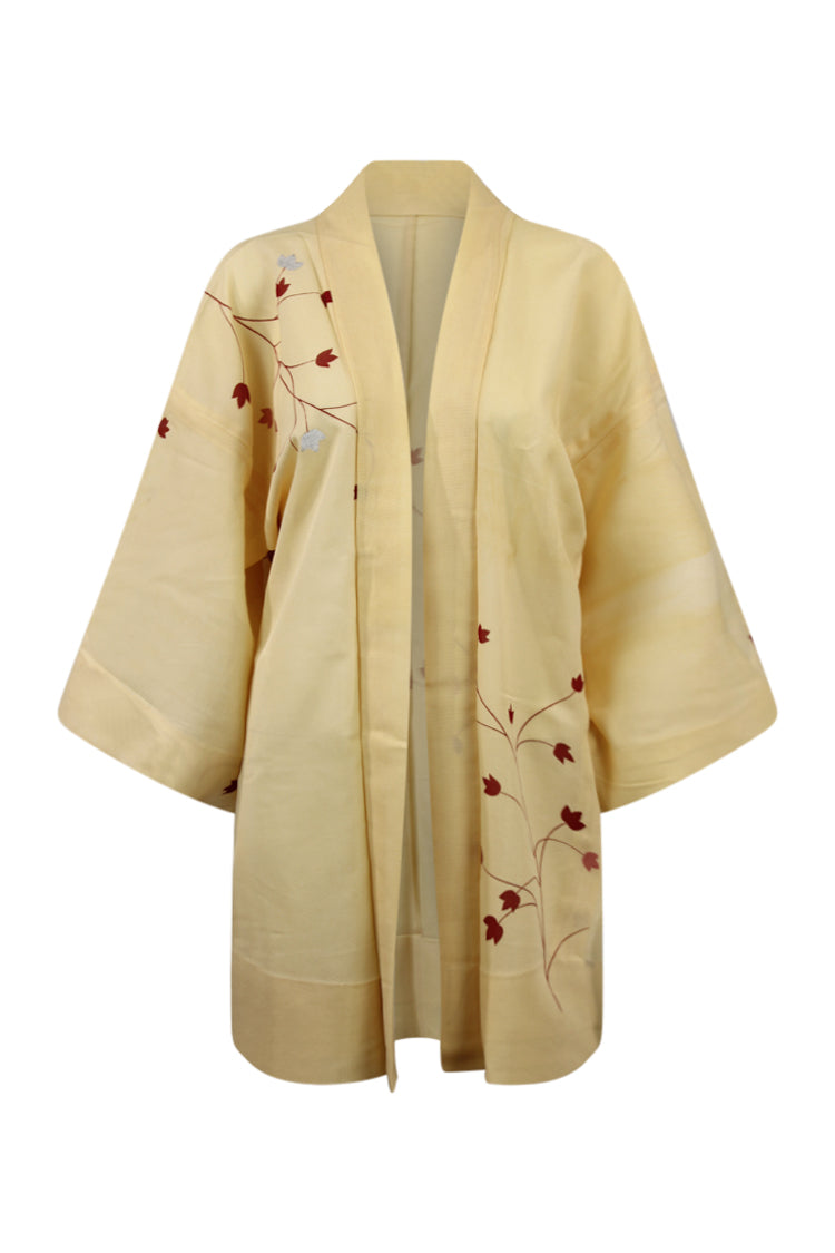 Cream summer silk kimono jacket with red flowers - Kiku 