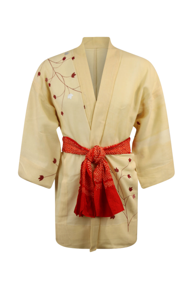 Cream summer silk kimono jacket with red flowers - Kiku 