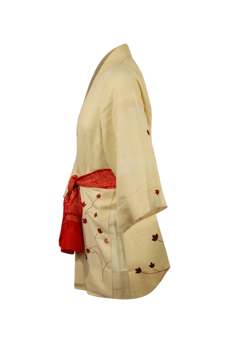 Cream summer silk kimono jacket with red flowers - Kiku 