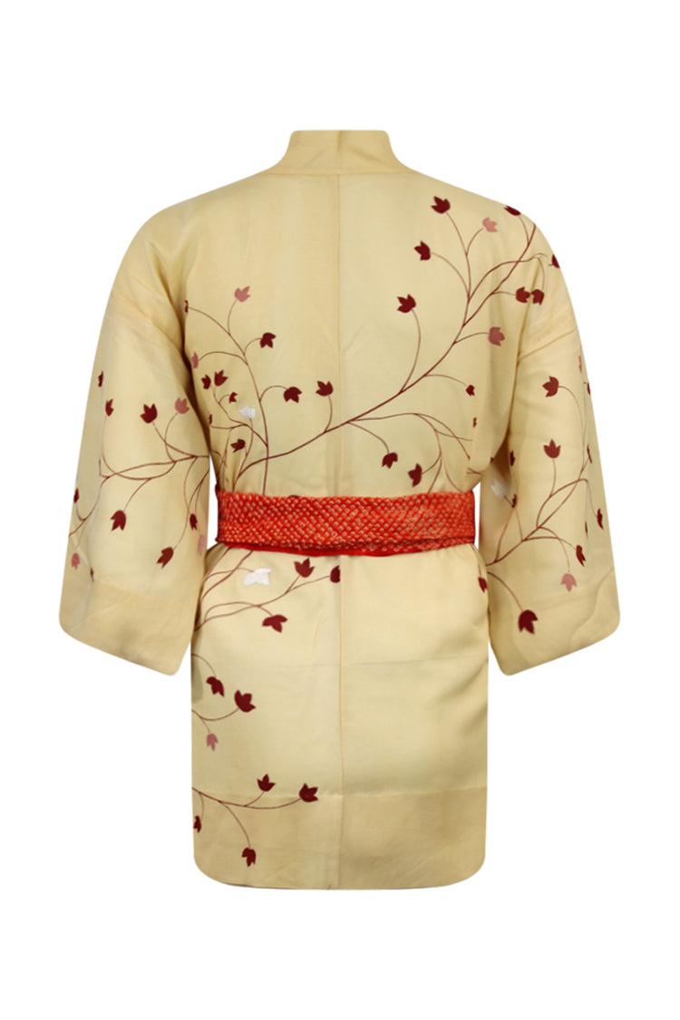 Cream summer silk kimono jacket with red flowers - Kiku 
