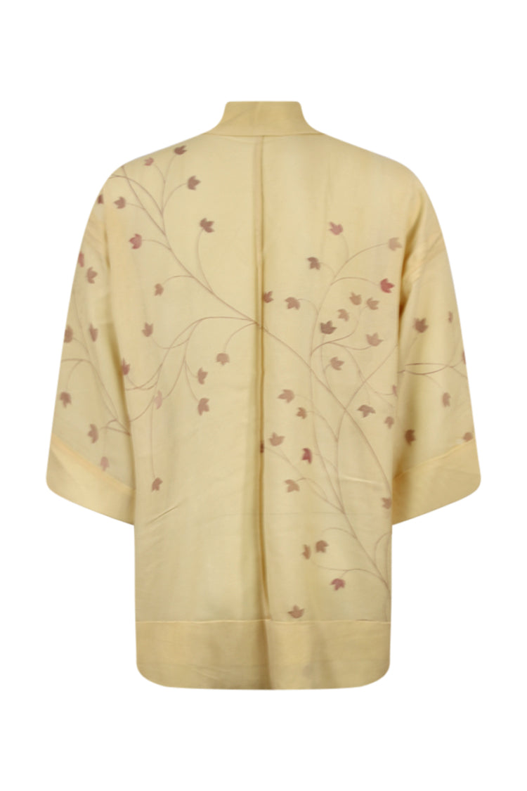 Cream summer silk kimono jacket with red flowers - Kiku 