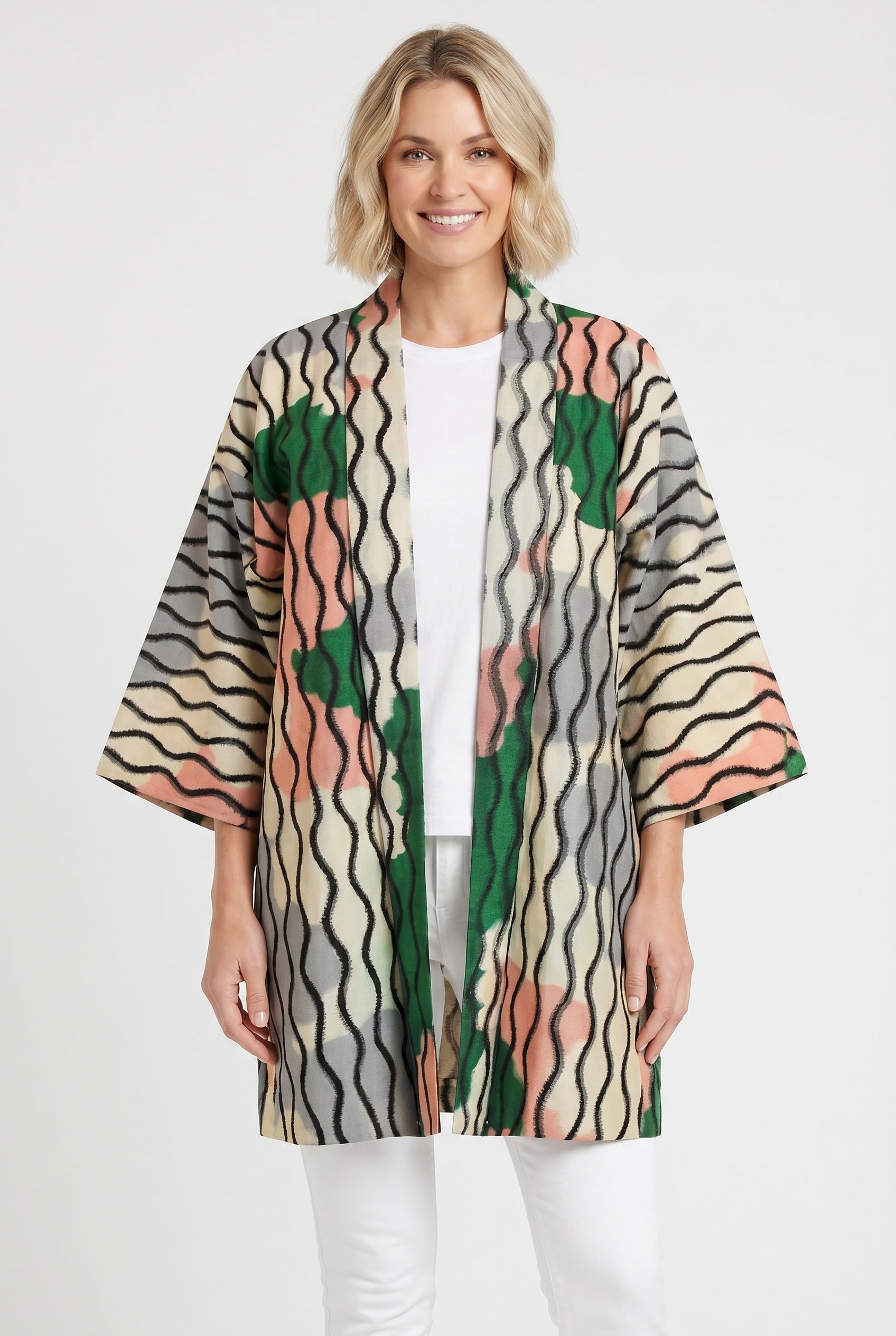 Meisen silk jacket with green pink white design