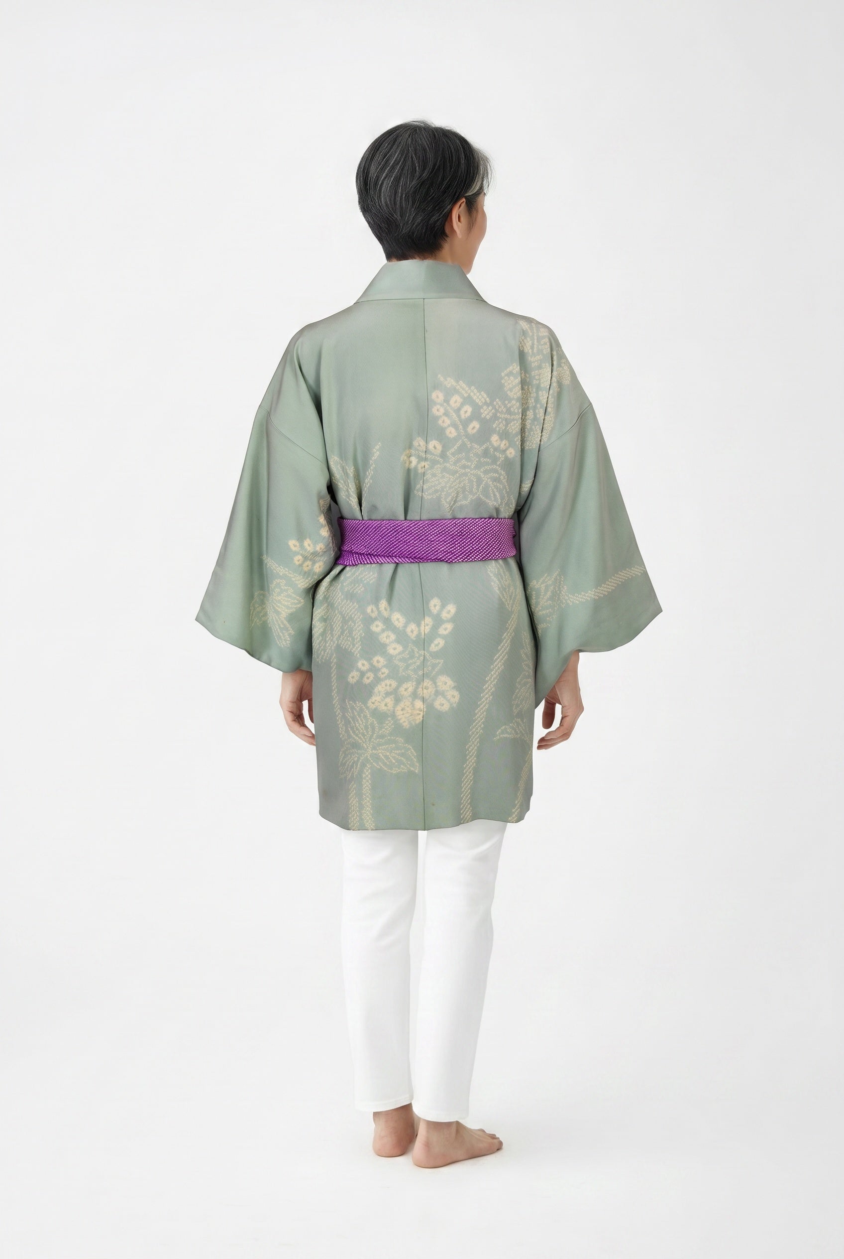 Light blue silk kimono jacket with white tie dyed design