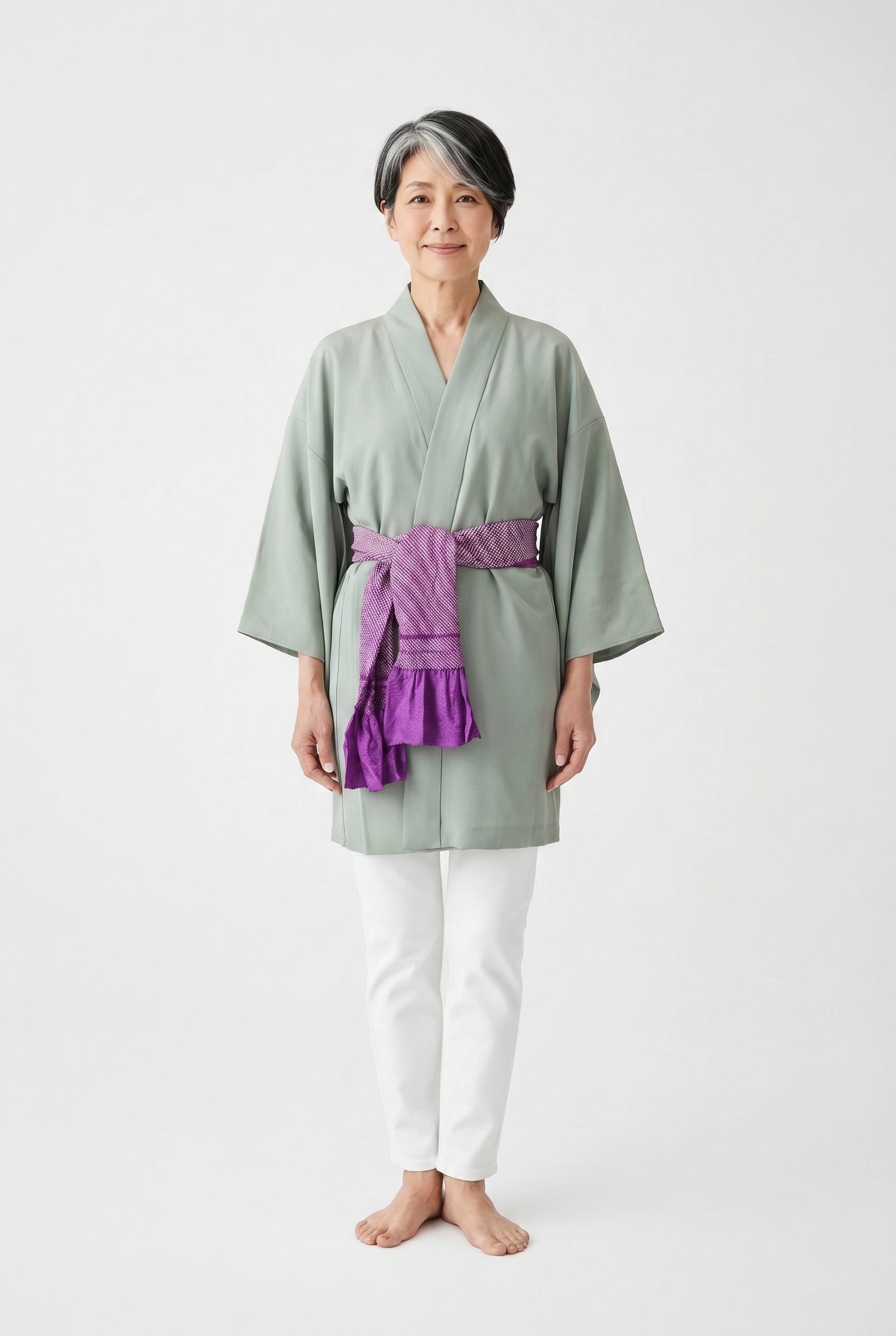 Light blue silk kimono jacket with white tie dyed design