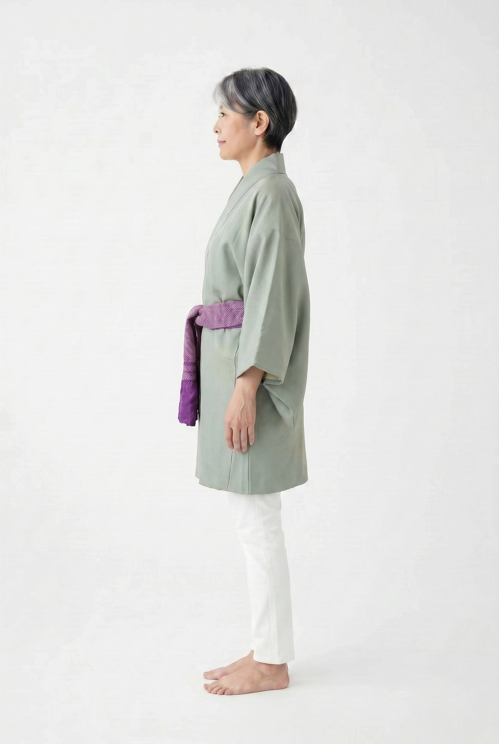 Light blue silk kimono jacket with white tie dyed design