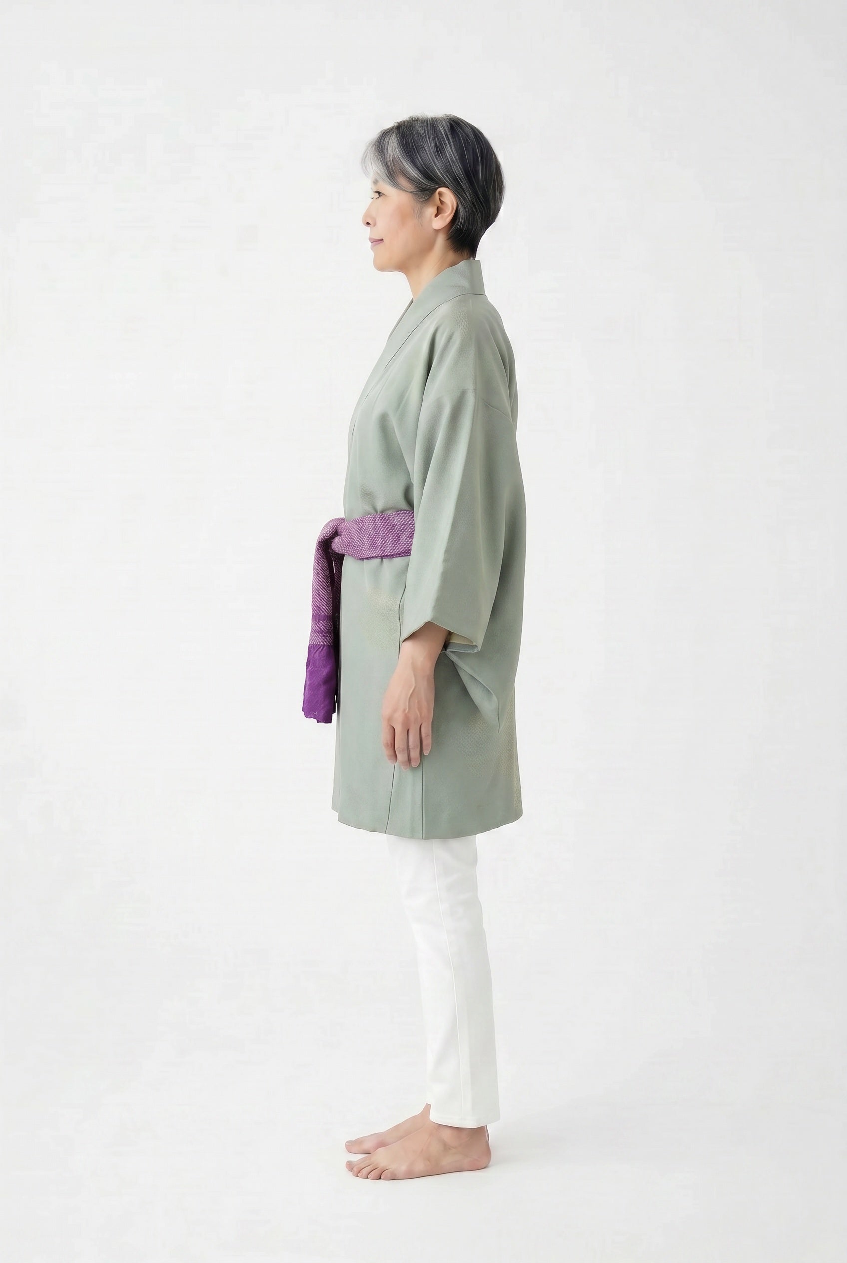 Light blue silk kimono jacket with white tie dyed design