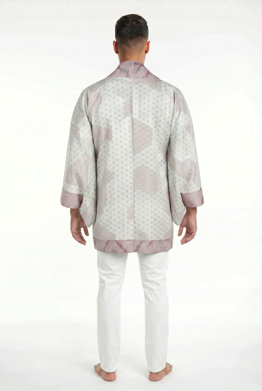 Beige and purple silk kimono jacket with shibori design