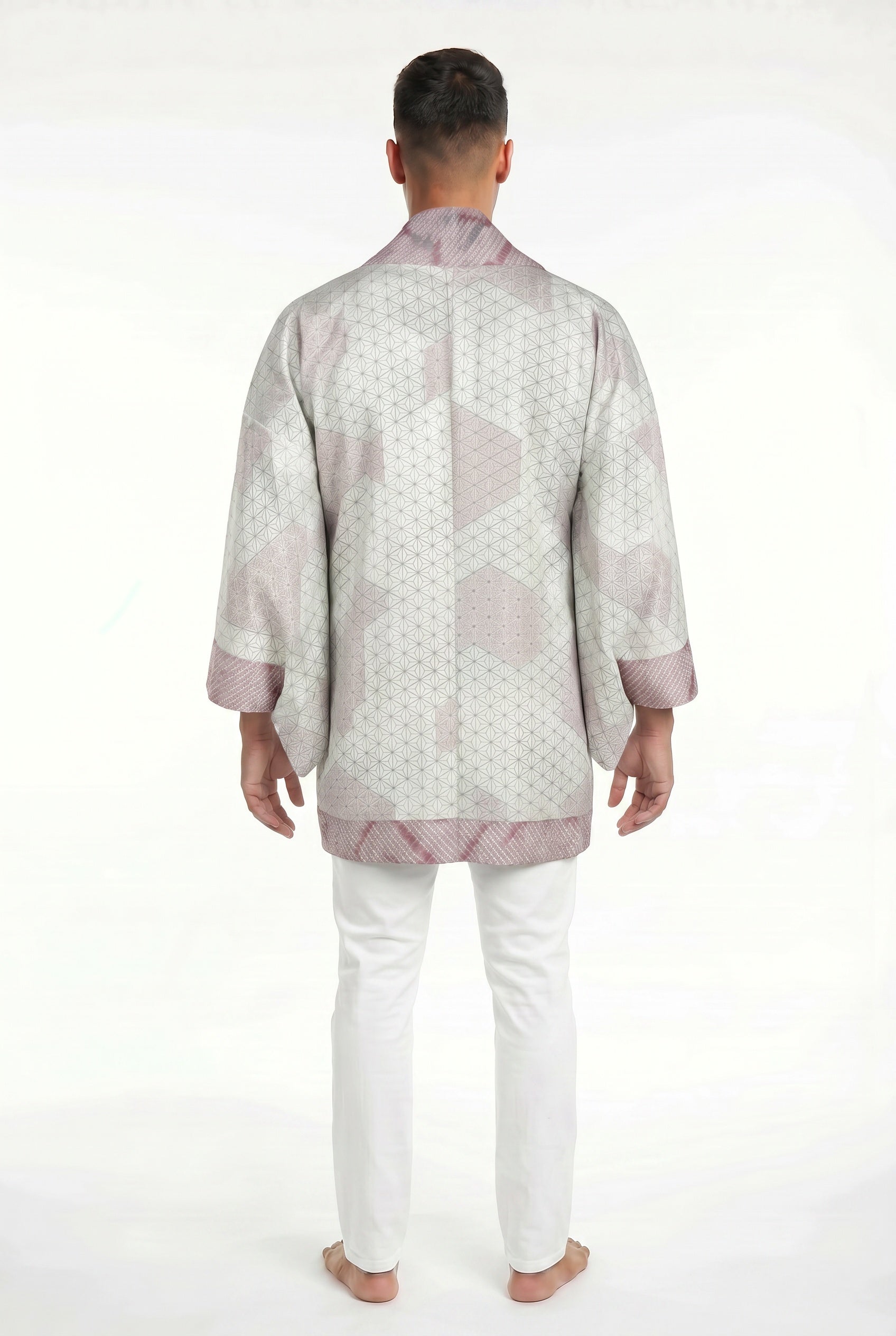 Beige and purple silk kimono jacket with shibori design