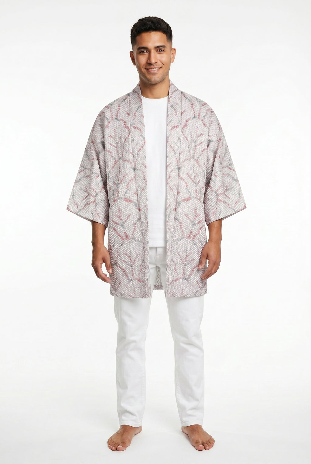 Beige and purple silk kimono jacket with shibori design