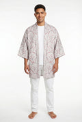 Beige and purple silk kimono jacket with shibori design