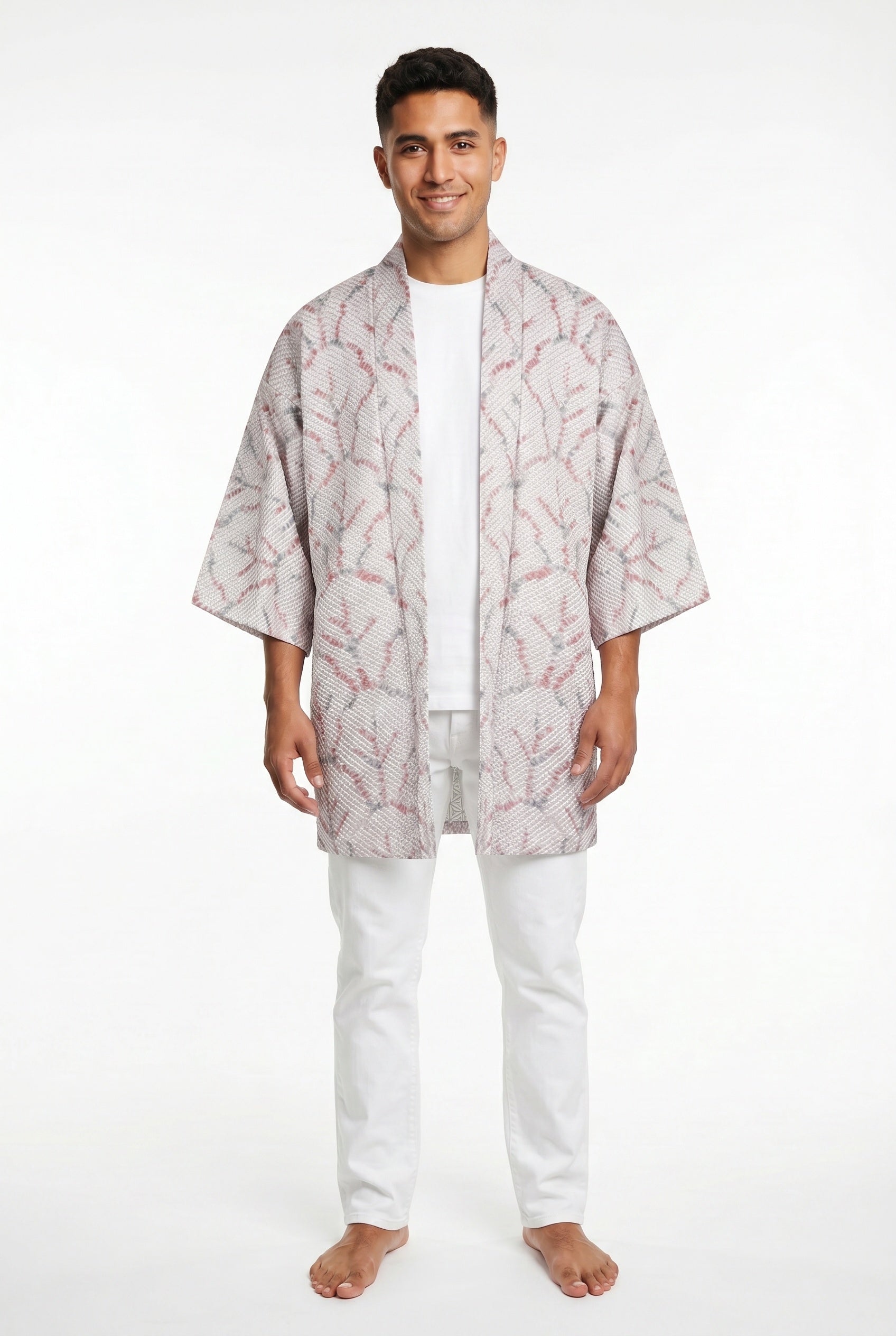 Beige and purple silk kimono jacket with shibori design