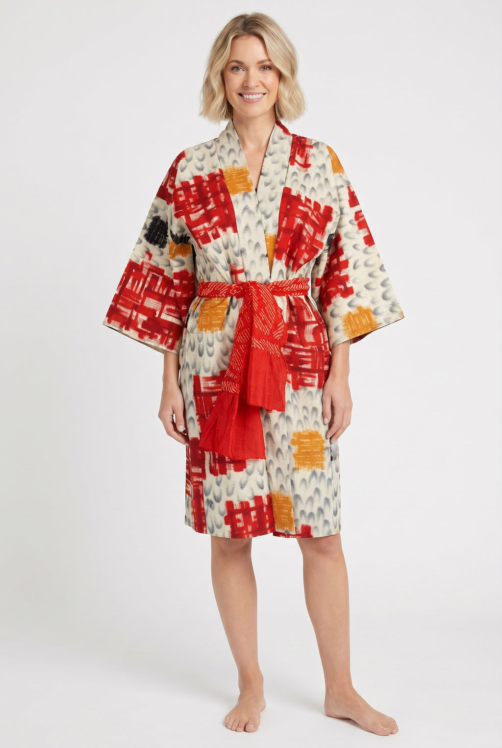 Meisen silk jacket with red, mustard and cream colors