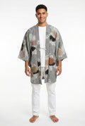 Gray silk jacket with gold, black, silver and bronze woven chrysanthemums