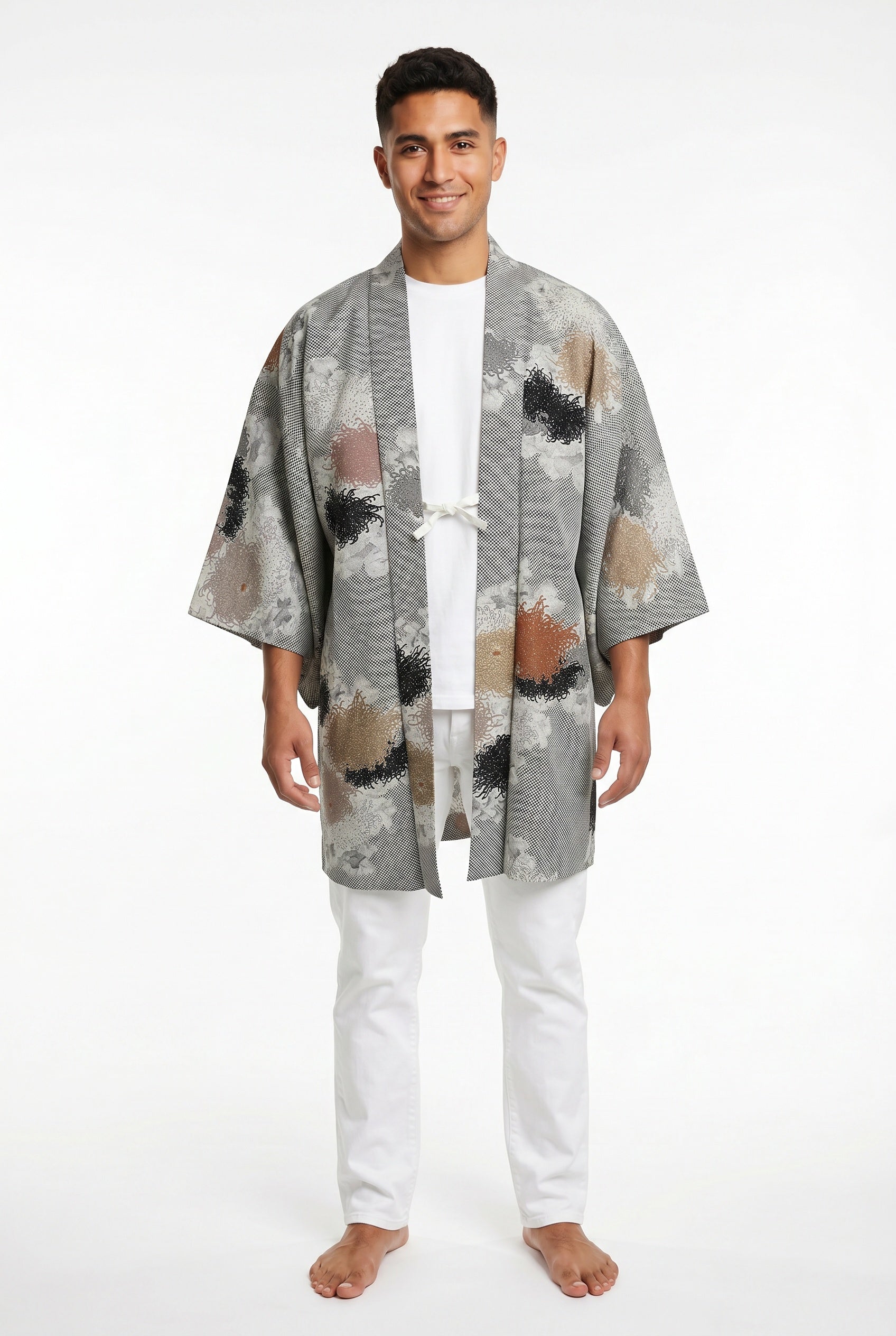 Gray silk jacket with gold, black, silver and bronze woven chrysanthemums