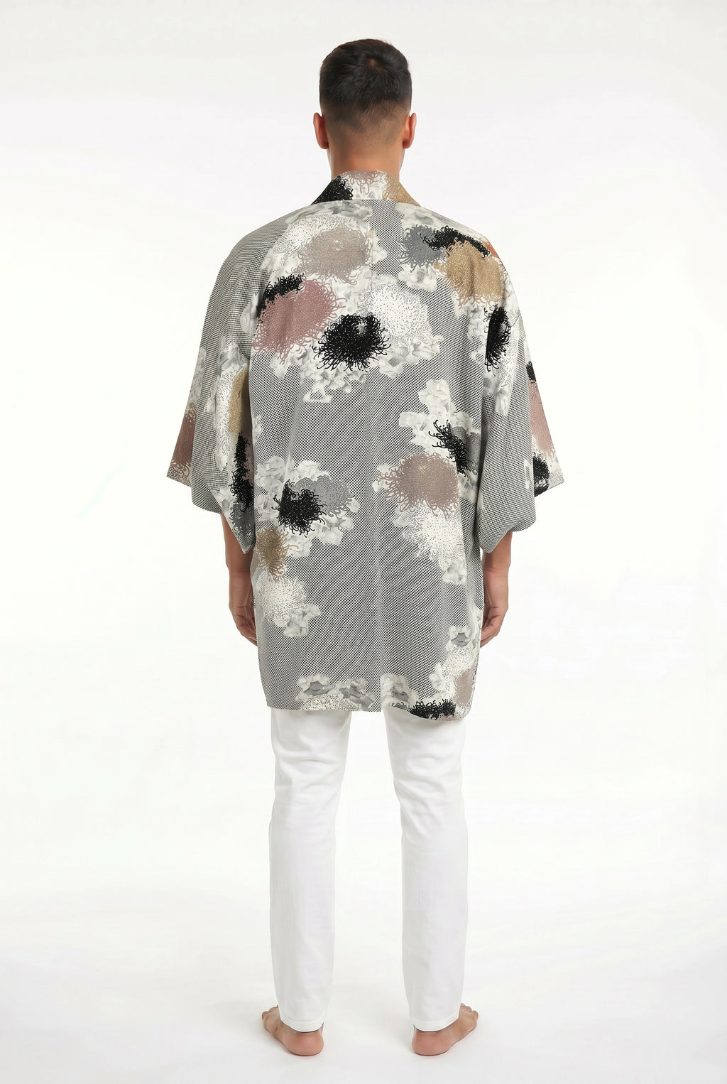 Gray silk jacket with gold, black, silver and bronze woven chrysanthemums