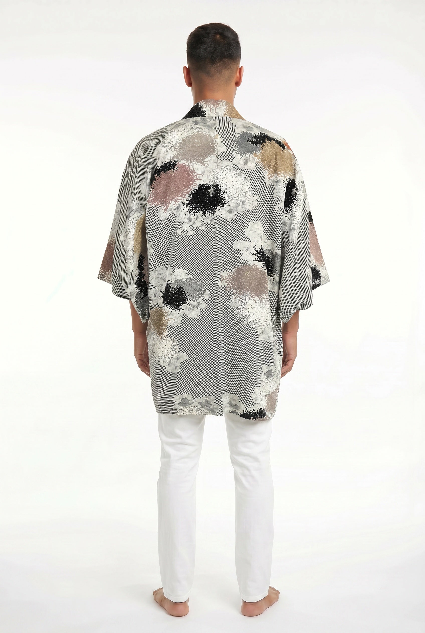 Gray silk jacket with gold, black, silver and bronze woven chrysanthemums